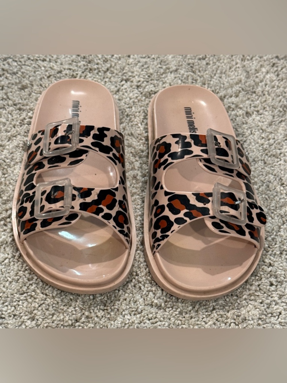 Mini Melissa Pink Leopard-Print Double Buckle Slide Sandals size 1.